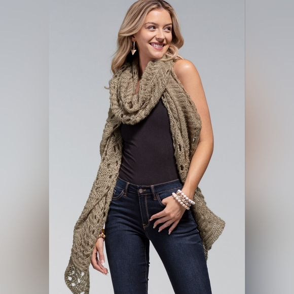 Taupe Soft Comfy Open Knit Scarf w/ Eyelet Accent & Moderate Stretch - Picture 3 of 5
